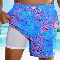 Men's Swim Shorts Board Shorts Swim Trunks Print Quick dry Breathable Drawstring Elastic Waist With Compression Liner Vacation Beach Hawaiian Casual Lake Blue Pink