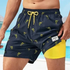 Men's Swim Shorts Board Shorts Swim Trunks Print Quick dry Breathable Drawstring Elastic Waist With Compression Liner Vacation Beach Hawaiian Casual Lake Blue Pink