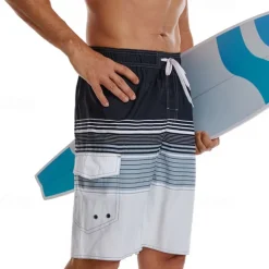Men's Swim Trunks Swim Shorts Board Shorts Bottoms Drawstring with Pockets Swimming Surfing Beach Water Sports Stripes Printed Summer Spring