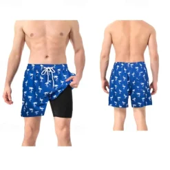 Men's Swim Trunks Swim Shorts Board Shorts Bottoms Drawstring 2 in 1 with Pockets Swimming Surfing Beach Water Sports Printed Summer Spring