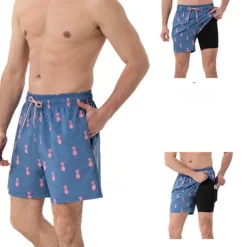 Men's Swim Trunks Swim Shorts Board Shorts Bottoms Drawstring 2 in 1 with Pockets Swimming Surfing Beach Water Sports Printed Summer Spring