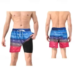 Men's Swim Trunks Swim Shorts Board Shorts Bottoms Drawstring 2 in 1 with Pockets Swimming Surfing Beach Water Sports Printed Summer Spring