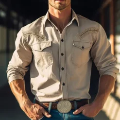 Men's Symbol Shirt Western Shirt Cowboy Shirt Long Sleeve Vintage Western Style Outdoor Street Casual Daily Fall & Winter Turndown Buttons Print Gray