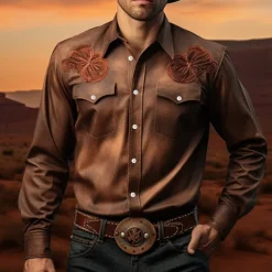 Men's Symbol Shirt Western Shirt Cowboy Shirt Long Sleeve Casual Western Style Outdoor Street Casual Daily Fall & Winter Turndown Buttons Print Brown
