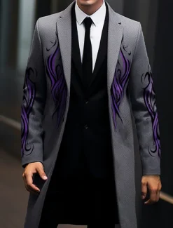 Men's Symbol Winter Coat Overcoat Coat Warm Breathable Comfortable Vintage Business Work Wear to work Going out Pocket Print Fall & Winter Turndown Long Sleeve Black Yellow Purple