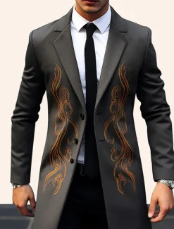 Men's Symbol Winter Coat Overcoat Coat Warm Breathable Comfortable Vintage Business Work Wear to work Going out Pocket Print Fall & Winter Turndown Long Sleeve Black Yellow Purple