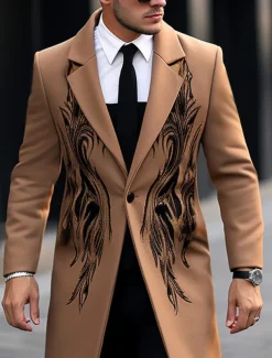 Men's Symbol Winter Coat Overcoat Coat Warm Breathable Comfortable Vintage Business Work Wear to work Going out Pocket Print Fall & Winter Turndown Long Sleeve Ginger Purple khaki