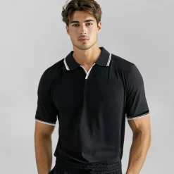 Men's T Shirt Fold-over Collar V Neck Training Short Sleeve Stripe-Trim Color Block Clothing Apparel Vacation Vintage Neutral Fashion