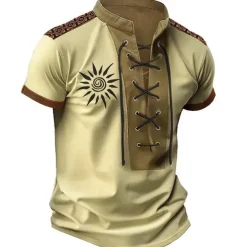 Men's T Shirt Graphic Color Block Sun Stand Collar Clothing Apparel 3D Print Daily Sports Going out Short Sleeve Lace up Print Polyester Vintage Fashion Designer