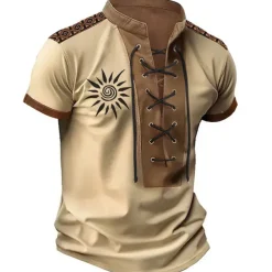 Men's T Shirt Graphic Color Block Sun Stand Collar Clothing Apparel 3D Print Daily Sports Going out Short Sleeve Lace up Print Polyester Vintage Fashion Designer