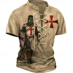 Men's T Shirt Graphic Knights Templar Stand Collar Clothing Apparel 3D Print Causal Memorial Day Short Sleeve Lace up Print Polyester Vintage Fashion Designer