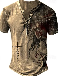 Men's T Shirt Henley Shirt Graphic Faith Henley Clothing Apparel 3D Print Outdoor Daily Going out Short Sleeve Print Button-Down Polyester Fashion Designer Casual Comfortable