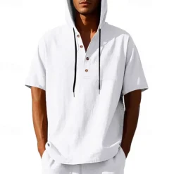 Men's T Shirt Henley Shirt Tee Short Sleeve Shirt Short Sleeve Hooded Summer Spring Plain Fashion Designer Basic Buttons Vacation Street Going out Black White Yellow Top Tee for Men