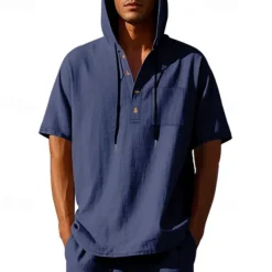 Men's T Shirt Henley Shirt Tee Short Sleeve Shirt Short Sleeve Hooded Summer Spring Plain Fashion Designer Basic Buttons Vacation Street Going out Black White Yellow Top Tee for Men