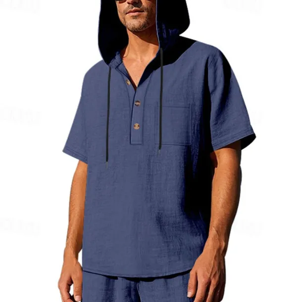 Men's T Shirt Henley Shirt Tee Short Sleeve Shirt Short Sleeve Hooded Summer Spring Plain Fashion Designer Basic Buttons Vacation Street Going out Black White Yellow Top Tee for Men