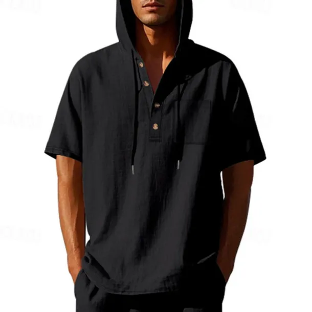 Men's T Shirt Henley Shirt Tee Short Sleeve Shirt Short Sleeve Hooded Summer Spring Plain Fashion Designer Basic Buttons Vacation Street Going out Black White Yellow Top Tee for Men