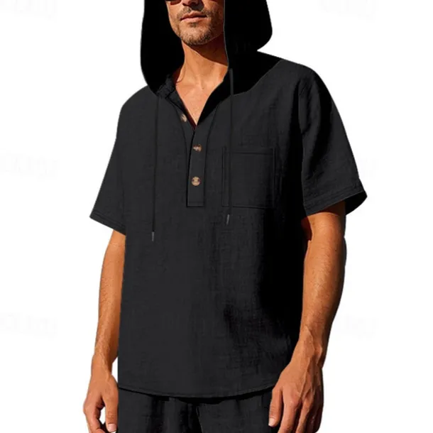 Men's T Shirt Henley Shirt Tee Short Sleeve Shirt Short Sleeve Hooded Summer Spring Plain Fashion Designer Basic Buttons Vacation Street Going out Black White Yellow Top Tee for Men