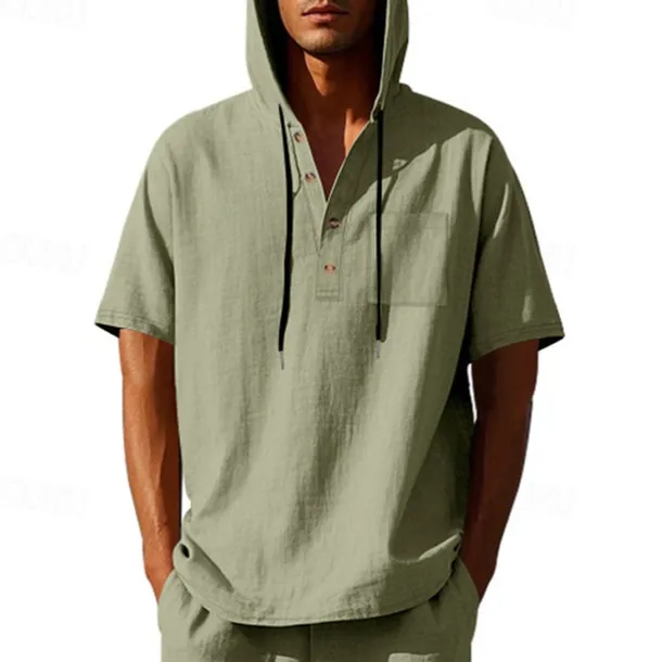 Men's T Shirt Henley Shirt Tee Short Sleeve Shirt Short Sleeve Hooded Summer Spring Plain Fashion Designer Basic Buttons Vacation Street Going out Black White Yellow Top Tee for Men