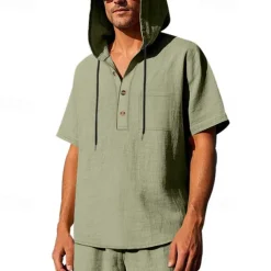 Men's T Shirt Henley Shirt Tee Short Sleeve Shirt Short Sleeve Hooded Summer Spring Plain Fashion Designer Basic Buttons Vacation Street Going out Black White Yellow Top Tee for Men