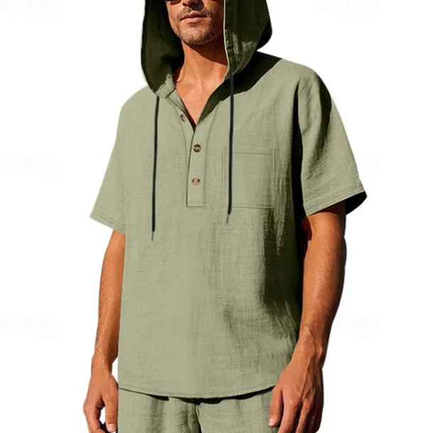 Men's T Shirt Henley Shirt Tee Short Sleeve Shirt Short Sleeve Hooded Summer Spring Plain Fashion Designer Basic Buttons Vacation Street Going out Black White Yellow Top Tee for Men