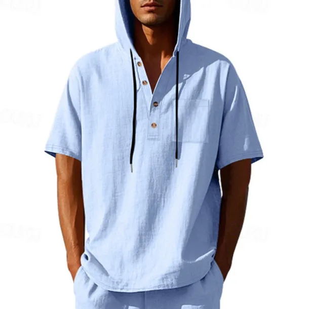 Men's T Shirt Henley Shirt Tee Short Sleeve Shirt Short Sleeve Hooded Summer Spring Plain Fashion Designer Basic Buttons Vacation Street Going out Black White Yellow Top Tee for Men