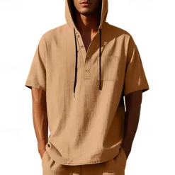 Men's T Shirt Henley Shirt Tee Short Sleeve Shirt Short Sleeve Hooded Summer Spring Plain Fashion Designer Basic Buttons Vacation Street Going out Black White Yellow Top Tee for Men