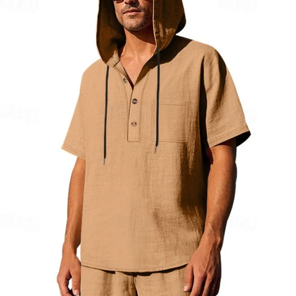 Men's T Shirt Henley Shirt Tee Short Sleeve Shirt Short Sleeve Hooded Summer Spring Plain Fashion Designer Basic Buttons Vacation Street Going out Black White Yellow Top Tee for Men