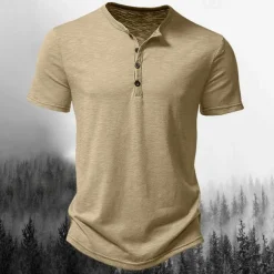 Men's T Shirt Henley Shirt Tee Top Short Sleeves Plain Designer Basic Modern Contemporary Buttons Henley Vacation Street Going out Summer Wine Black White Henley T-Shirt