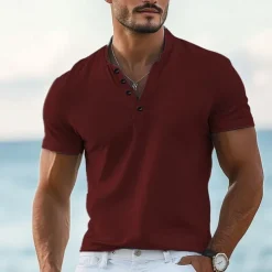 Men's T shirt Henley Shirt Tee Top Short Sleeves Plain Designer Basic Modern Contemporary Buttons Henley Vacation Street Going out Summer Wine Black White Henley T-Shirt