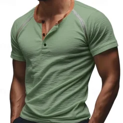 Men's T Shirt Henley Shirt Tee Short Sleeve Shirt Short Sleeve Henley Summer Plain Fashion Designer Basic Patchwork Buttons Vacation Street Going out White Blue Green Top Tee for Men