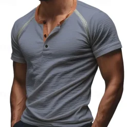 Men's T Shirt Henley Shirt Tee Short Sleeve Shirt Short Sleeve Henley Summer Plain Fashion Designer Basic Patchwork Buttons Vacation Street Going out White Blue Green Top Tee for Men