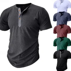Men's T Shirt Henley Shirt Tee Top Short Sleeve Plain Fashion Designer Basic Button Up Henley Vacation Street Going out Spring & Summer Black White Light Green Henley T-Shirt