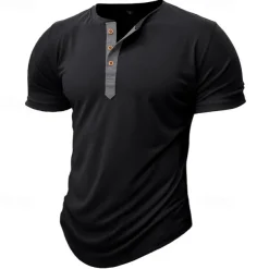 Men's T Shirt Henley Shirt Tee Top Short Sleeve Plain Fashion Designer Basic Button Up Henley Vacation Street Going out Spring & Summer Black White Light Green Henley T-Shirt