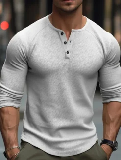Men's T Shirt Henley Shirt Tee Top Long Sleeve Shirt Long Sleeve Plain Fashion Designer Basic Henley Vacation Street Going out Spring & Fall Black White Navy Blue Henley T-Shirt