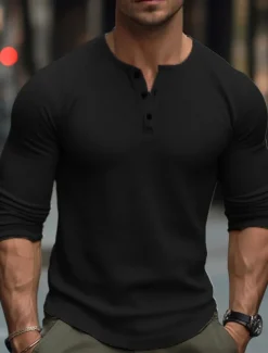 Men's T Shirt Henley Shirt Tee Top Long Sleeve Shirt Long Sleeve Plain Fashion Designer Basic Henley Vacation Street Going out Spring & Fall Black White Navy Blue Henley T-Shirt