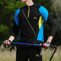 Men's T shirt Hiking Tee shirt Long Sleeve Quarter Zip Tee Tshirt Muscle T-Shirt Bodybuilding Stretch Tee Outdoor Quick Dry Workout Soft Sweat wicking Polyester Patchwork Black White Blue Gym