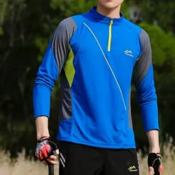 Men's T shirt Hiking Tee shirt Long Sleeve Quarter Zip Tee Tshirt Muscle T-Shirt Bodybuilding Stretch Tee Outdoor Quick Dry Workout Soft Sweat wicking Polyester Patchwork Black White Blue Gym