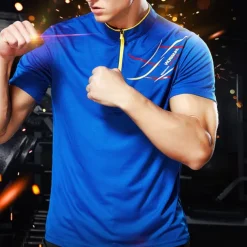 Men's T shirt Hiking Tee shirt Short Sleeve Quarter Zip Tee Tshirt Muscle T-Shirt Short Sleeve Shirt Outdoor Quick Dry Workout Soft Sweat wicking Polyester Red Blue Orange Gym Climbing Camping