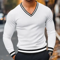 Men's T Shirt Knit Tee Long Sleeve V Neck Winter Spring & Fall Solid Color Knitwear V Neck Casual Daily Black White Yellow Top Tee for Men