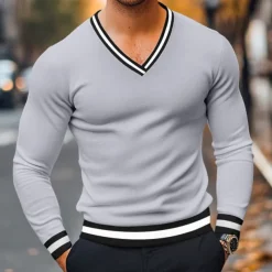 Men's T Shirt Knit Tee Long Sleeve V Neck Winter Spring & Fall Solid Color Knitwear V Neck Casual Daily Black White Yellow Top Tee for Men