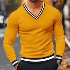 Men's T Shirt Knit Tee Long Sleeve V Neck Winter Spring & Fall Solid Color Knitwear V Neck Casual Daily Black White Yellow Top Tee for Men