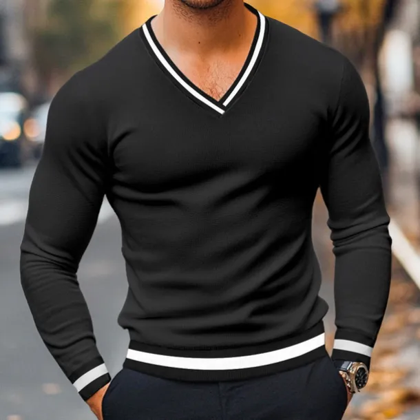 Men's T Shirt Knit Tee Long Sleeve V Neck Winter Spring & Fall Solid Color Knitwear V Neck Casual Daily Black White Yellow Top Tee for Men