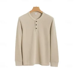 Men's T Shirt Long Sleeve Solid Neutral Daily Casual Button Up Henley School Home Work All Seasons Deep Green Dark Grey Black Henley T-Shirt