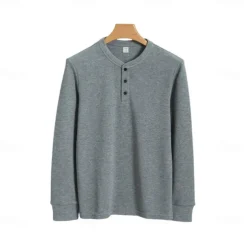 Men's T Shirt Long Sleeve Solid Neutral Daily Casual Button Up Henley School Home Work All Seasons Deep Green Dark Grey Black Henley T-Shirt