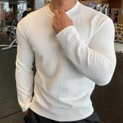 Men's T Shirt Ribbed Knit tee Long Sleeve Crewneck Solid Color Traditional / Vintage Knitted Outdoor Home Sports & Outdoor Dark Grey Black Blue Top Tee for Men