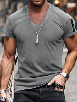 Men's T Shirt Short Sleeve V Neck Spring & Summer Plain Fashion Streetwear Pink Sports & Outdoor Sport Going out Black White Pink Top Tee for Men