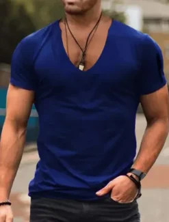 Men's T Shirt Short Sleeve V Neck Spring & Summer Plain Fashion Streetwear Pink Sports & Outdoor Sport Going out Black White Pink Top Tee for Men