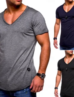 Men's T shirt Short Sleeve Solid Color V-neck Casual Daily Tops Basic Casual / Summer
