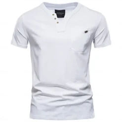 Men's T Shirt Short Sleeve V Neck Summer All Seasons Solid Color Daily Casual Daily Casual Pocket V Neck Vacation Causal Casual Light Blue Black White Top Tee for Men