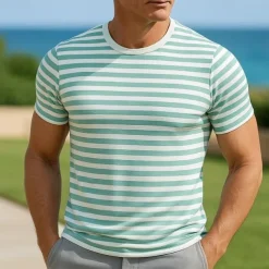 Men's T Shirt Short Sleeve Crew Neck Summer Striped Fashion Designer Basic Classic Vacation Street Going out Green Top Tee for Men